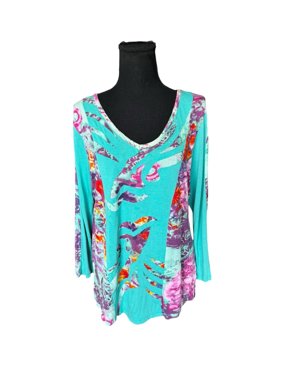 Parsley & Sage L Turquoise Floral Appliqué Tunic Top Artsy Boho Rayon Resortwear